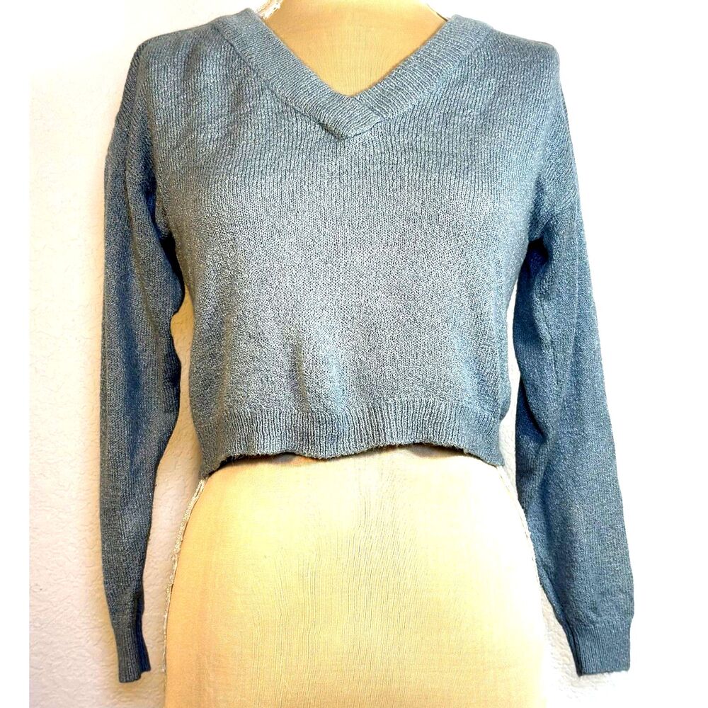 Garage Women’s XS Blue Gray Cropped V-Neck Knit Sweater Y2K 2000s Minimalist